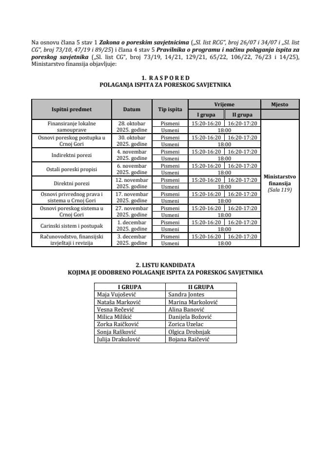 Raspored polaganja ispita za poreskog savjetnika i lista kandidata kojima je odobreno polaganje ispita za poreskog savjetnika