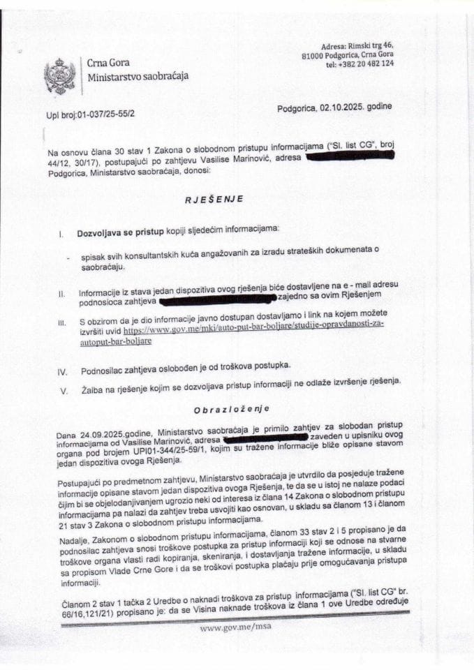 Rješenje o odobrenju pristupa informaciji - Spisak svih konsultanskih kuća angažovanih za izradu strateških dokumenata o saobraćaju