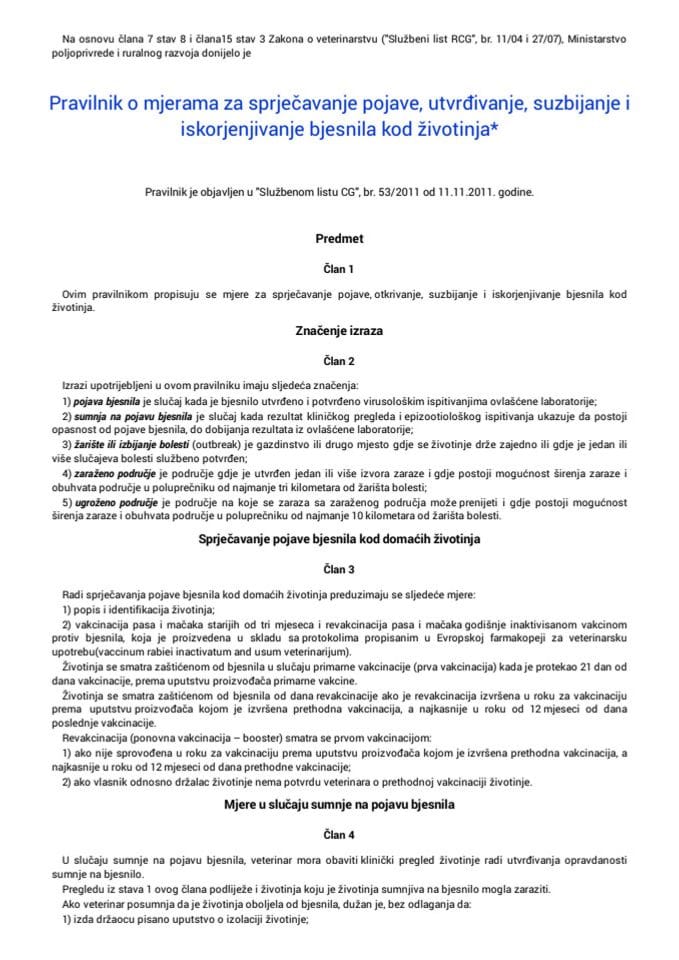 Pravilnik o mjerama za sprječavanje pojave, utvrđivanje, suzbijanje i iskorjenjivanje bjesnila kod životinja