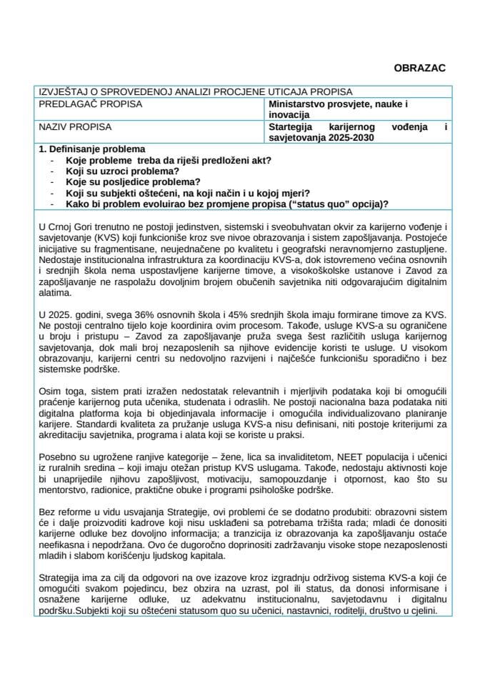 РИА образац - Стартегија каријерног вођења и савјетовања 2025-2030