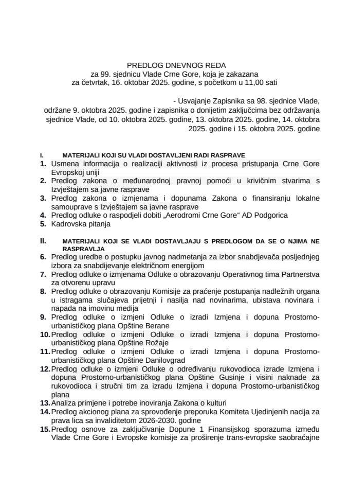 Predlog dnevnog reda za 99. sjednicu Vlade Crne Gore