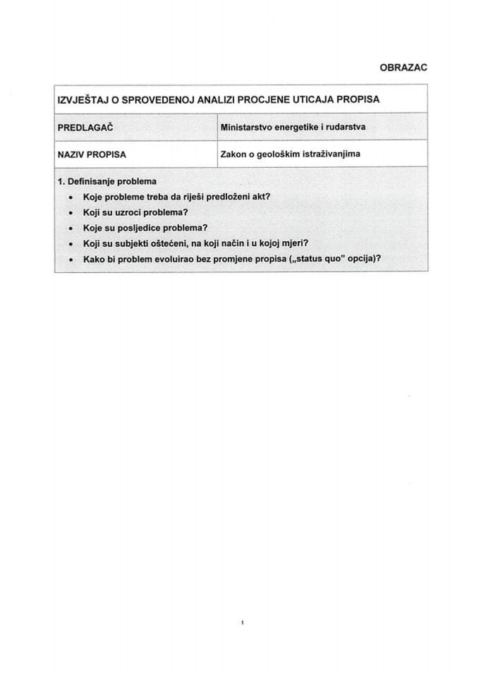 Izvještaj o sprovedenoj analizi procjene uticaja propisa (RIA) na Nacrt zakona o geološkim istraživanjima