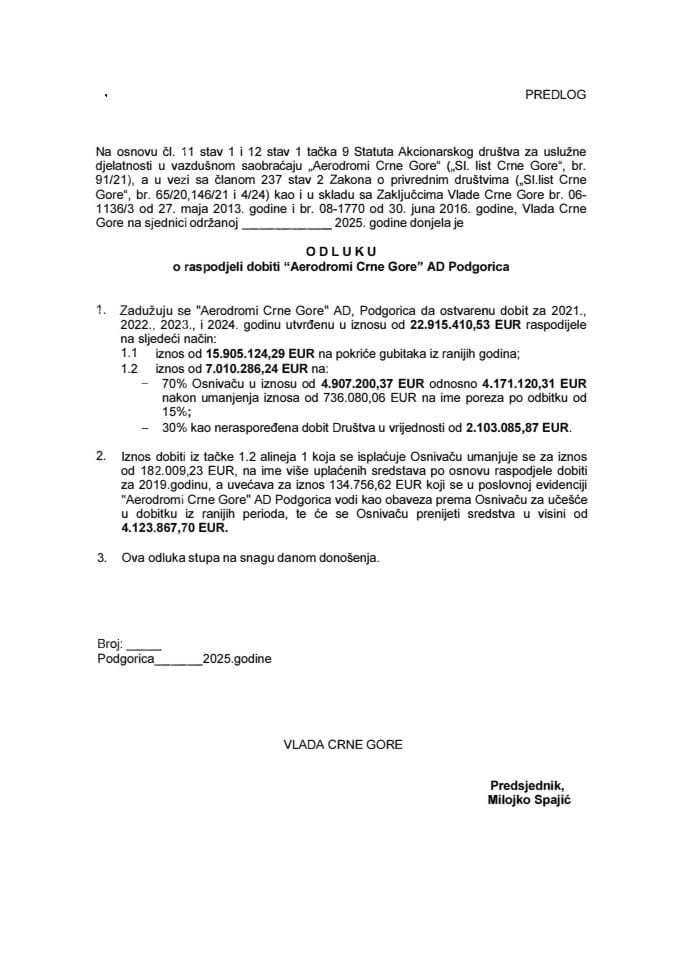 Predlog odluke o raspodjeli dobiti „Aerodromi Crne Gore“ AD Podgorica