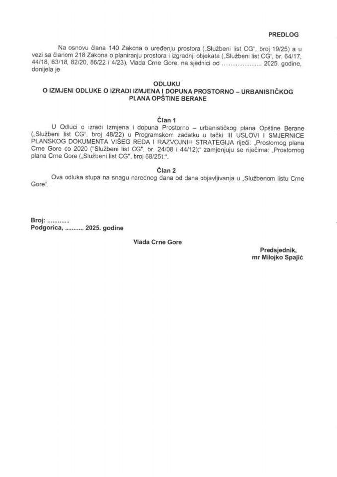Предлог одлуке о измјени Одлуке о изради Измјена и допуна Просторно- урбанистичког плана Општине Беране