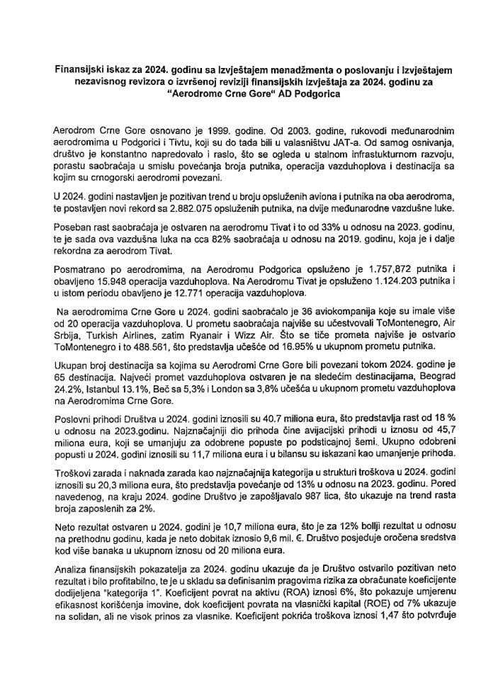 Предлог финансијског исказа за 2024. годину са Извјештајем менаџмента о пословању и Извјештајем независног ревизора о извршеној ревизији финансијских извјештаја за 2024. годину за „Аеродроми Црне Горе“ АД Подгорица