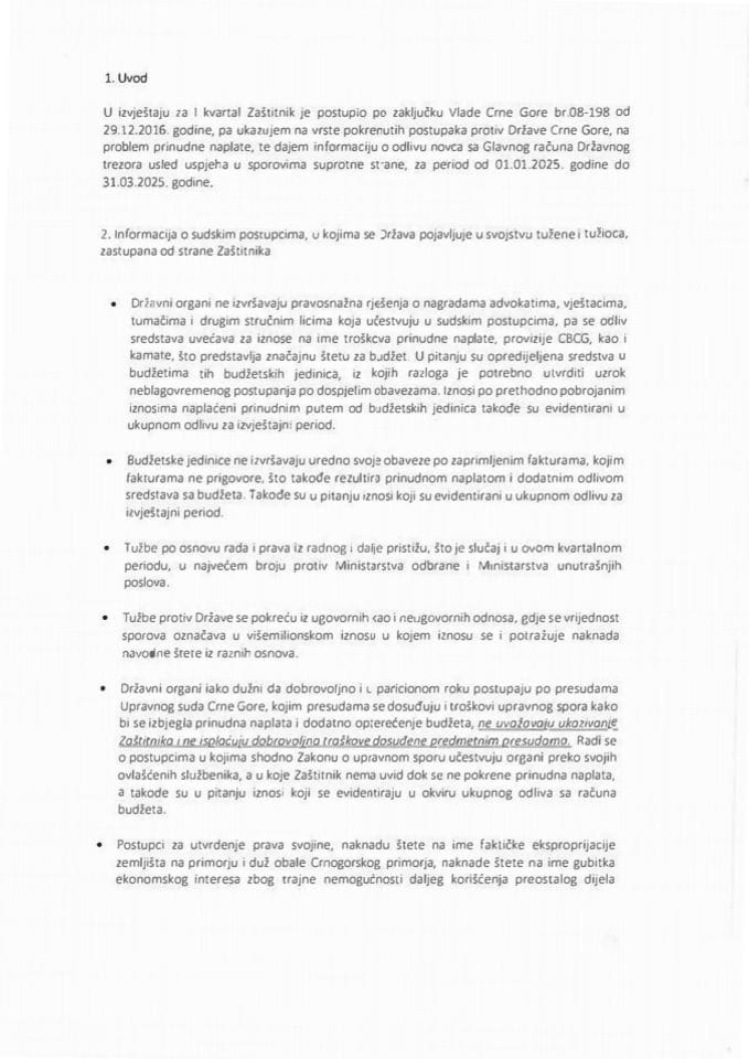 Информација за извјештајни период од 01.01.2025. године до 31.03.2025. године Заштитника имовинско-правних интереса Црне Горе