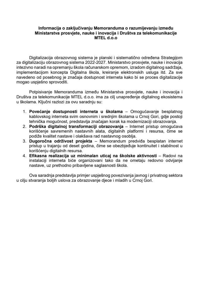 Informacija o zaključivanju Memoranduma o saradnji između Ministarstva prosvjete, nauke i inovacija i Društva za telekomunikacije „MTEL“ d.o.o. sa Predlogom memoranduma