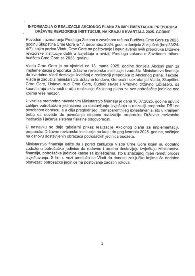 Информација о реализацији Акционог плана за имплементацију препорука Државне ревизорске институције, на крају II  квартала 2025. године
