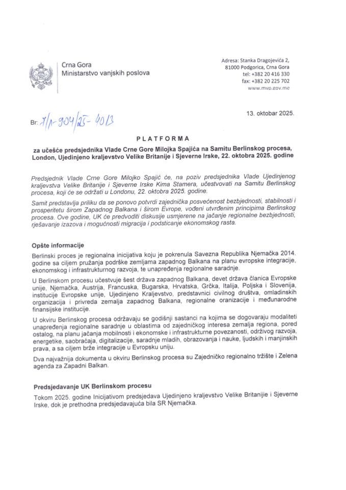 Предлог платформе за учешће предсједника Владе Црне Горе Милојка Спајића на Самиту Берлинског процеса, Лондон, Уједињено Краљевство Велике Британије и Сјеверне Ирске, 22. октобра 2025. године