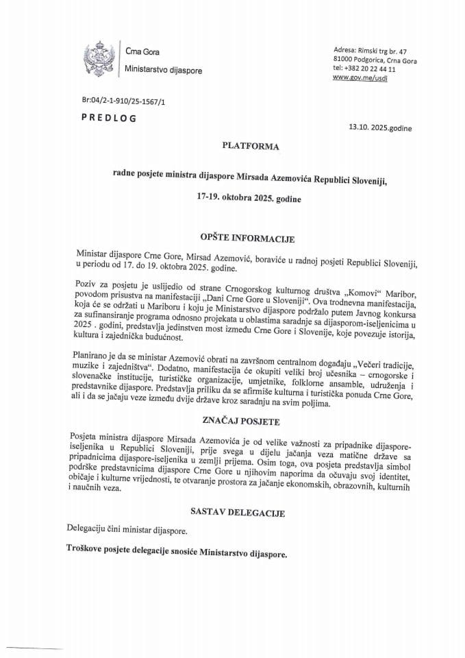 Предлог платформе за радну посјету министра дијаспоре Мирсада Аземовића Републици Словенији, 17-19. октобра 2025. године