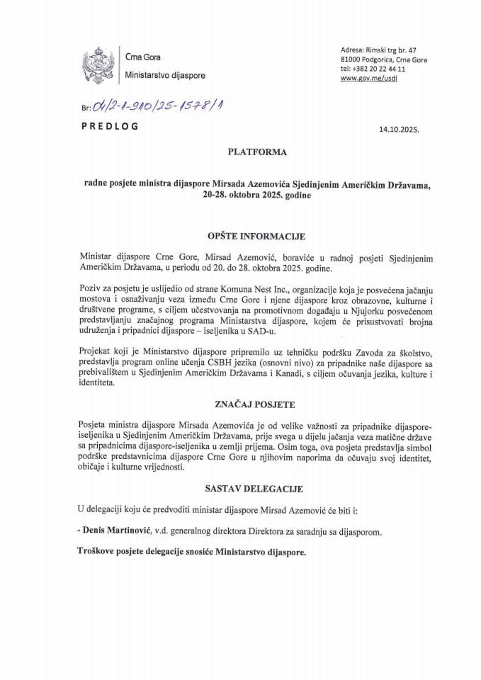 Predlog platforme za radnu posjetu ministra dijaspore Mirsada Azemovića Sjedinjenim Američkim Državama, 20-28. oktobra 2025. godine