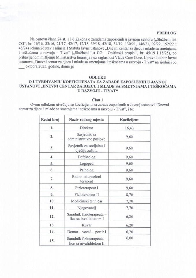 Предлог одлуке о утврђивању коефицијената за зараде запослених у Јавној установи „Дневни центар за дјецу и младе са сметњама и тешкоћама у развоју - Тиват“