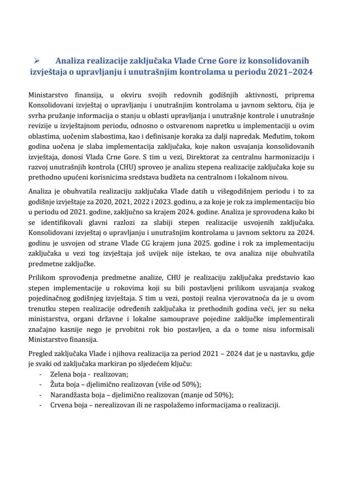Analiza realizacije zaključaka Vlade Crne Gore iz konsolidovanih izvještaja o upravljanju i unutrašnjim kontrolama u periodu 2021 – 2024