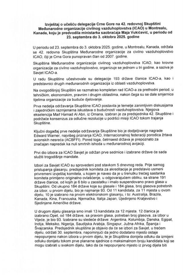 Izvještaj o učešću delegacije Crne Gore na 42. redovnoj Skupštini Međunarodne organizacije civilnog vazduhoplovstva (ICAO) u Montrealu, Kanada, koju je predvodila ministarka saobraćaja Maja Vukićević