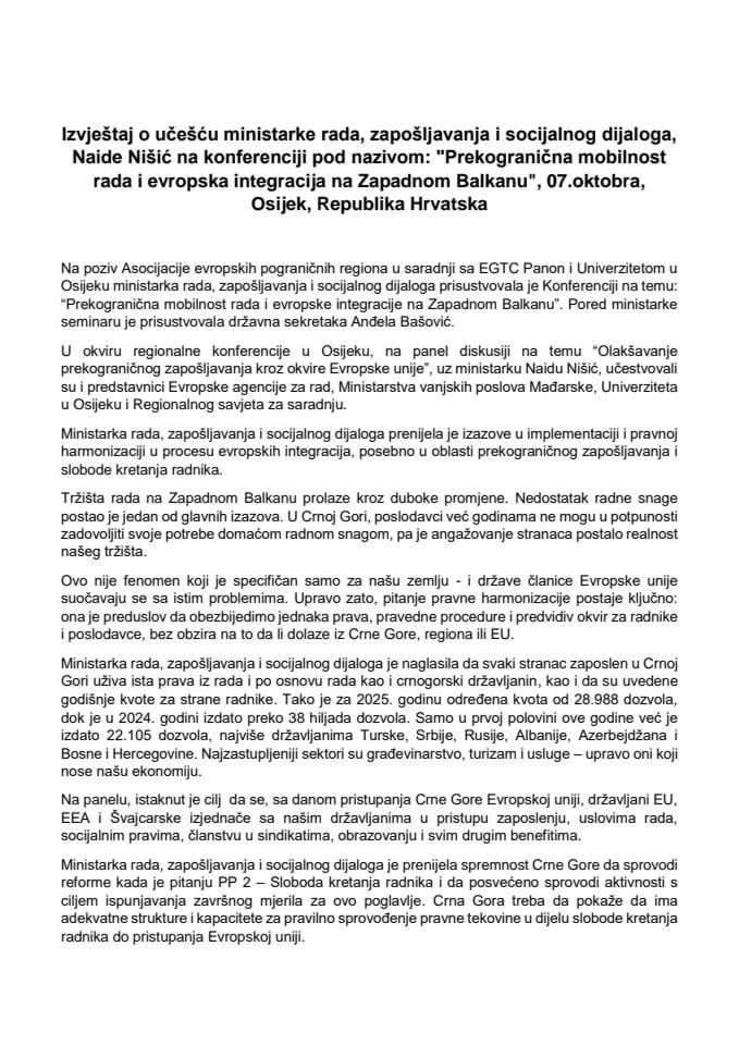 Извјештај о учешћу министарке рада, запошљавања и социјалног дијалога, Наиде Нишић, на конференцији под називом: „Прекогранична мобилност рада и европска интеграција на Западном Балкану“, 7. октобра 2025. године, Осијек, Република Хрватска