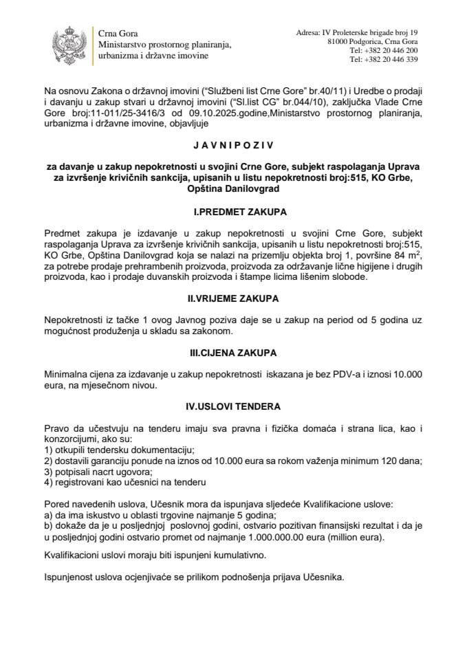 Javni poziv za davanje u zakup nepokretnosti u Opštini Danilovgrad