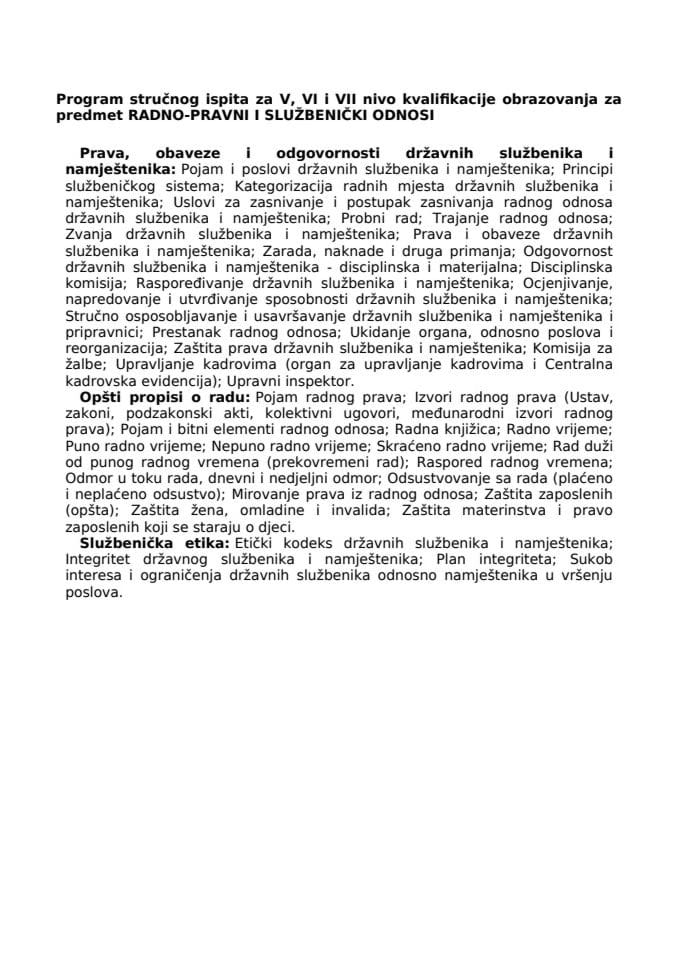 Program stručnog ispita za V, VI i VII nivo kvalifikacije obrazovanja za predmet RADNO-PRAVNI I SLUŽBENIČKI ODNOSI