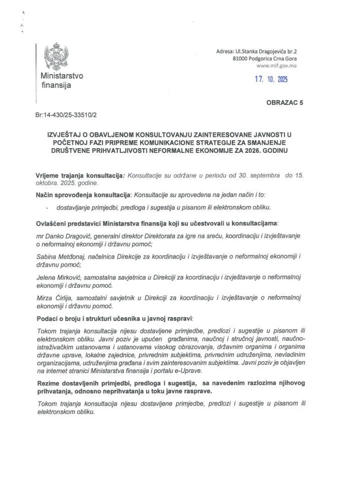 Izvještaj o obavljenom konsultovanju zainteresovane javnosti u početnoj fazi pripreme Komunikacione strategije za smanjenje društvene prihvatljivosti neformalne ekonomije za 2026. godinu