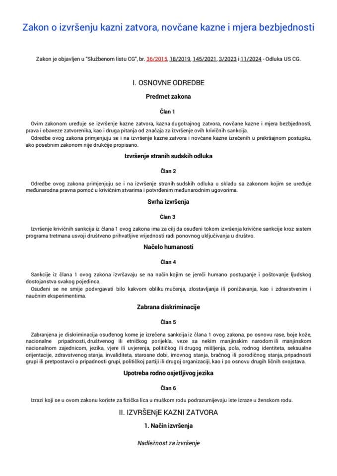 Zakon o izvršenju kazni zatvora, novčane kazne i mjera bezbjednosti