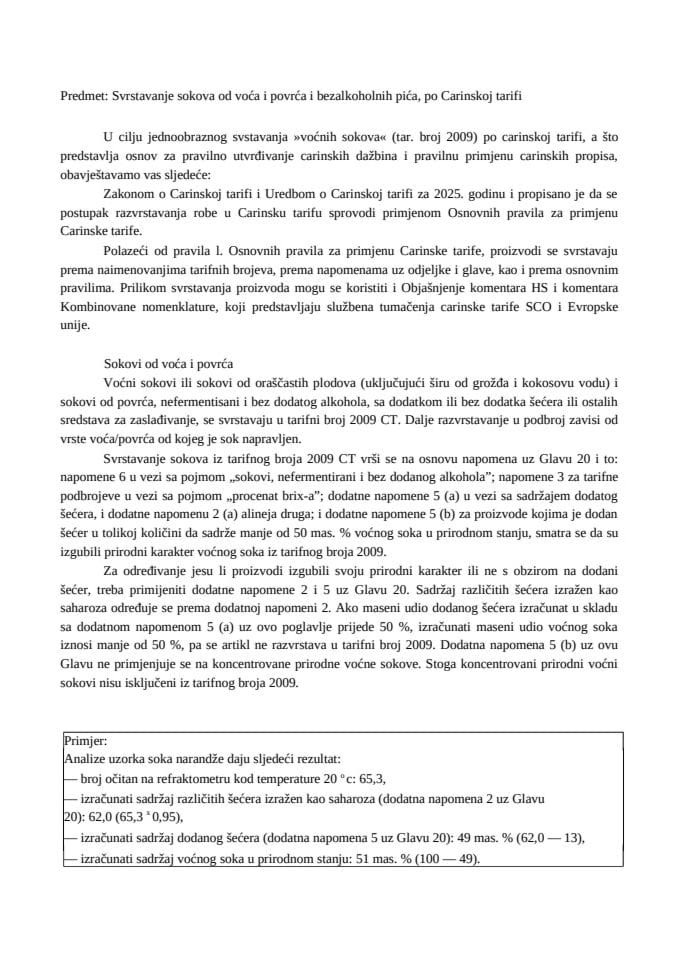 Svrstavanje sokova od voća i povrća i bezalkoholnih pića, po Carinskoj tarifi