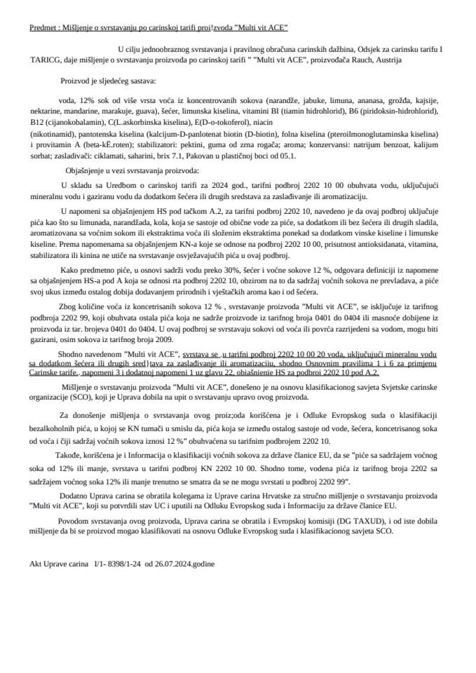 Mišljenje o svrstavanju po carinskoj tarifi proi!zvoda ”Multi vit ACE”