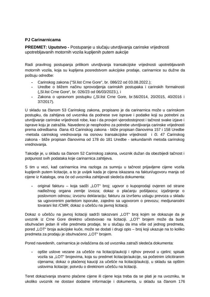 UPUTSTVO  - Postupanje u slučaju utvrdjivanja carinske vrijednosti upotrebljavanih motornih vozila kupljenih putem aukcije