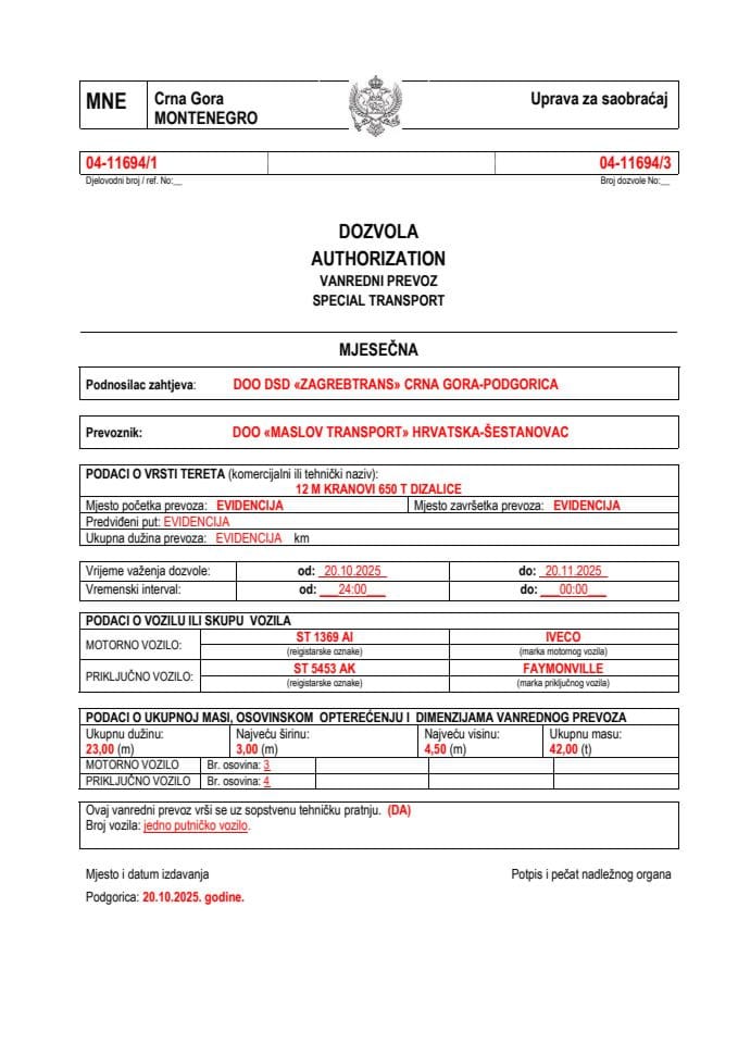 ZAGREBTRANS 04-11694-MASLOV TRANSPORT