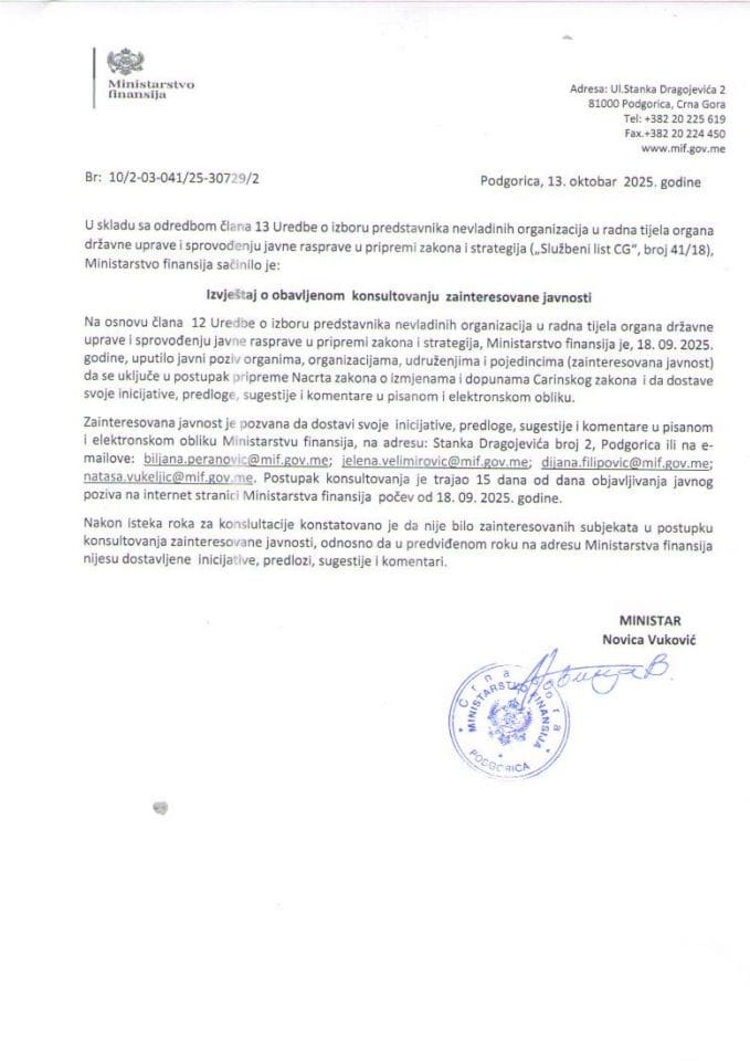 Izvještaj o obavljenom konsultovanju zainteresovane javnosti u početnoj fazi pripreme Nacrta zakona o izmjenama i dopunama Carinskog zakona