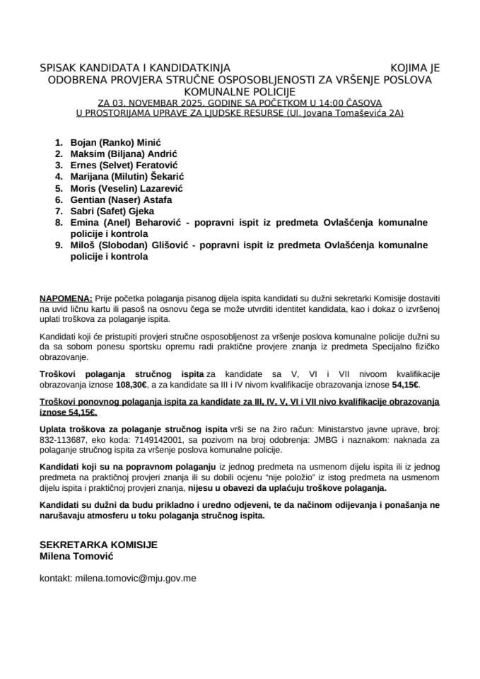 Списак кандидата-3. новембар 2025-комунални полицајци