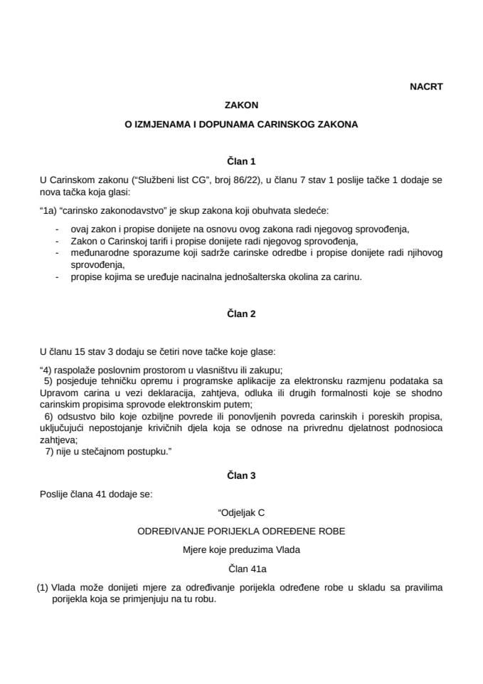 Nacrt Zakona o izmjenama i dopunama Carinskog zakona