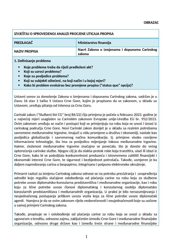 Izvještaj o sprovedenoj analizi procjene uticaja propisa (RIA)