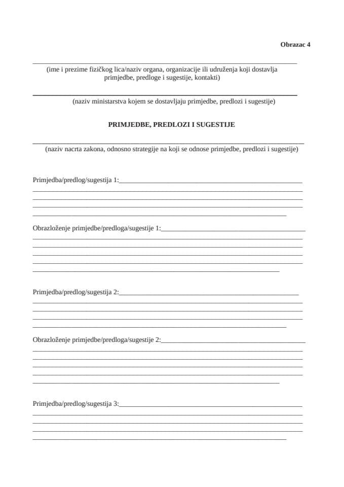 Obrazac za dostavljanje prijedloga, sugestija i komentara na Nacrt zakona