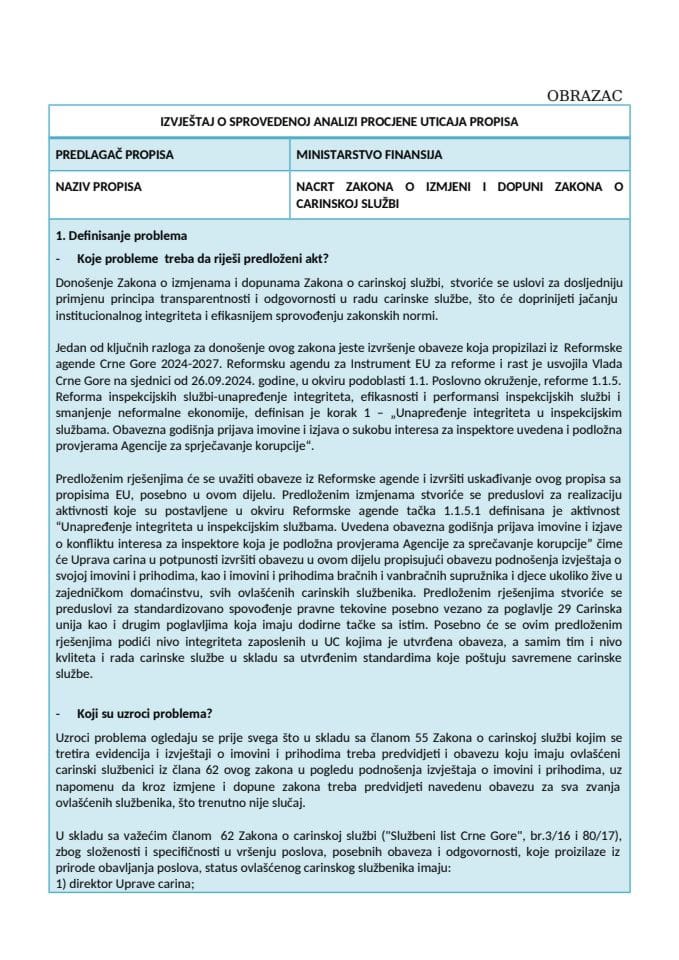 Izvještaj o sprovedenoj analizi procjene uticaja propisa (RIA)