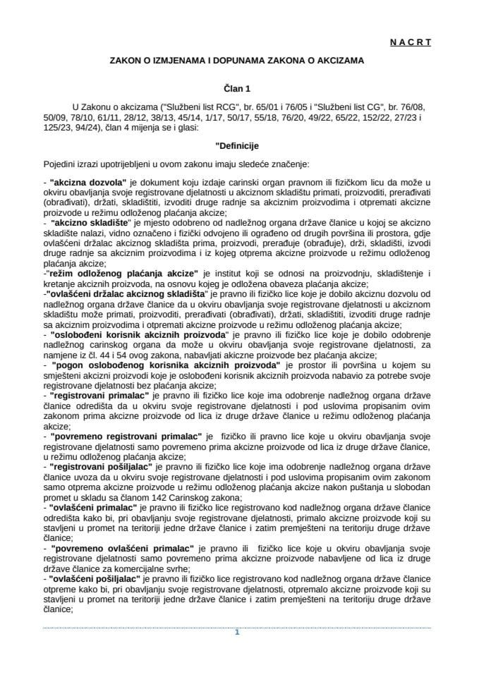 Nacrt zakona o izmjenama i dopunama Zakona o akcizama