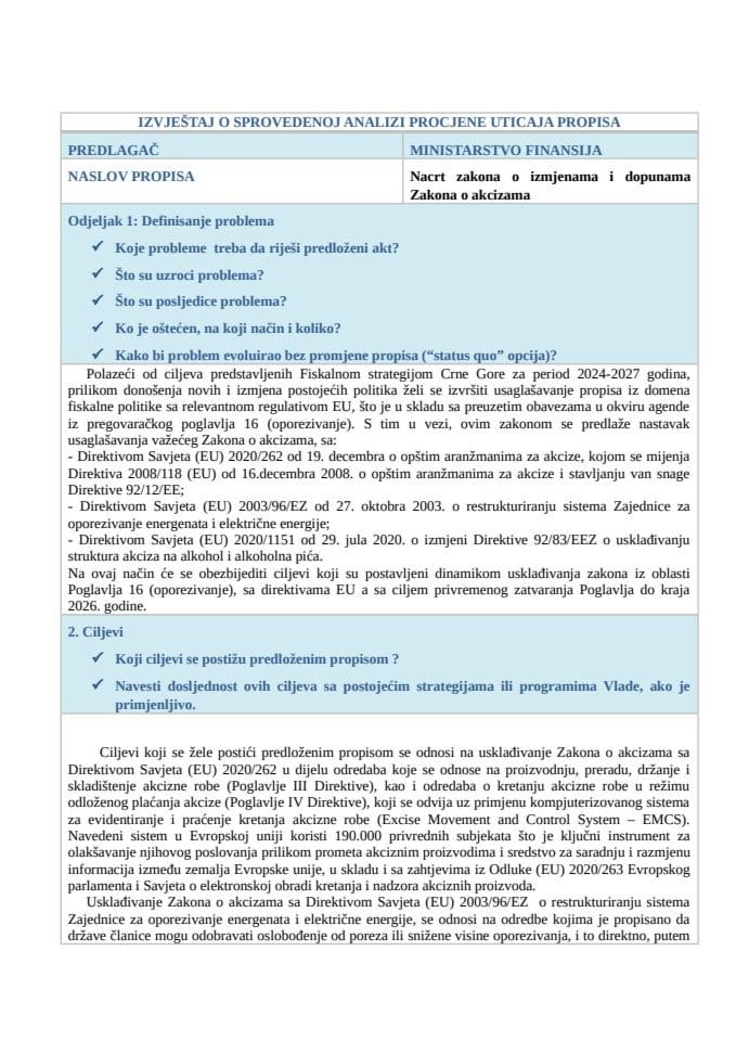 Izvještaj o sprovedenoj analizi procjene uticaja propisa (RIA)