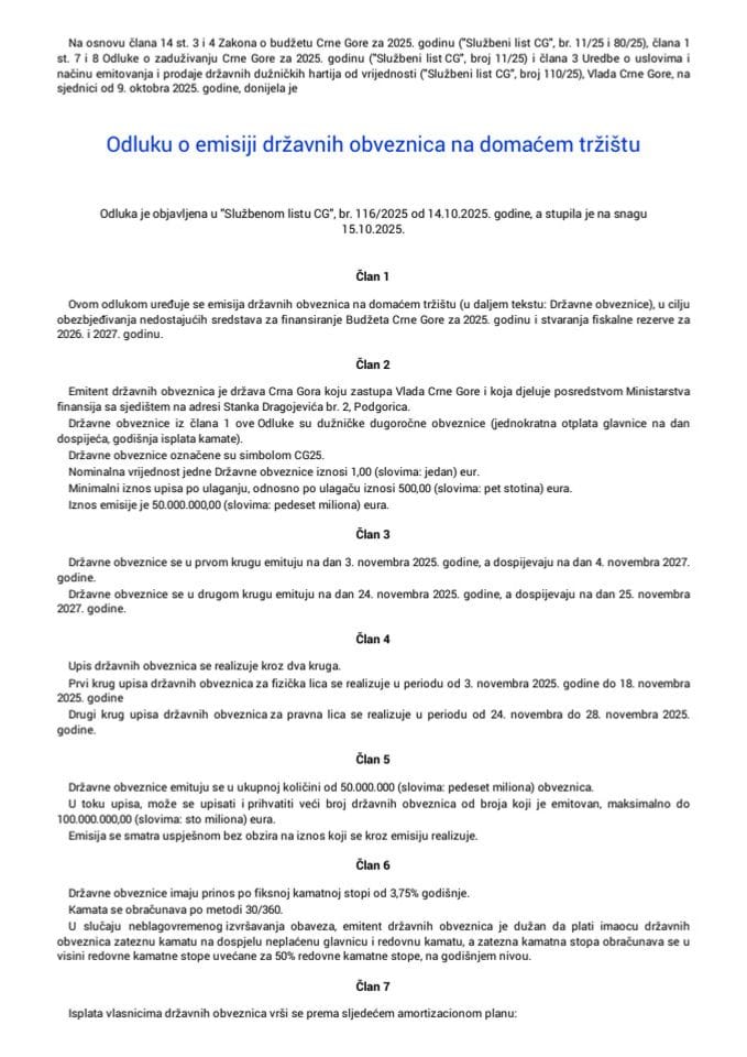 Odluka o emisiji državnih obveznica na domaćem tržištu