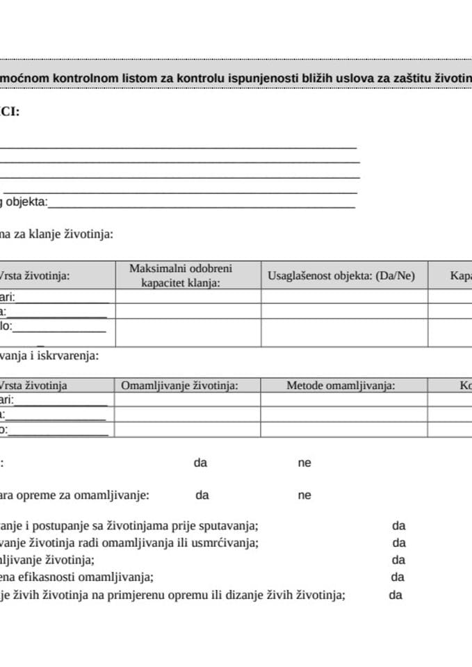 Помоћна контролна листа за процјену добробити животиња током клања