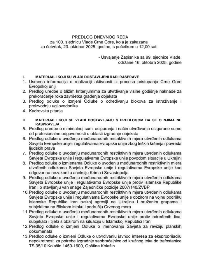 Predlog dnevnog reda za 100. sjednicu Vlade Crne Gore