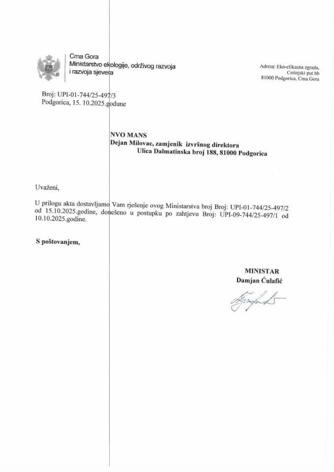 Рјешења - Слободан приступ информацијама - Рјешење по захтјеву МАНС-а УПИ-01-744-25-497-3 од 15.10.2025