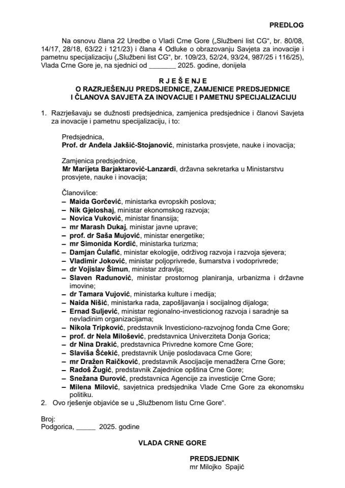 Предлог за разрјешење предсједнице, замјенице предсједнице и чланова Савјета за иновације и паметну специјализацију