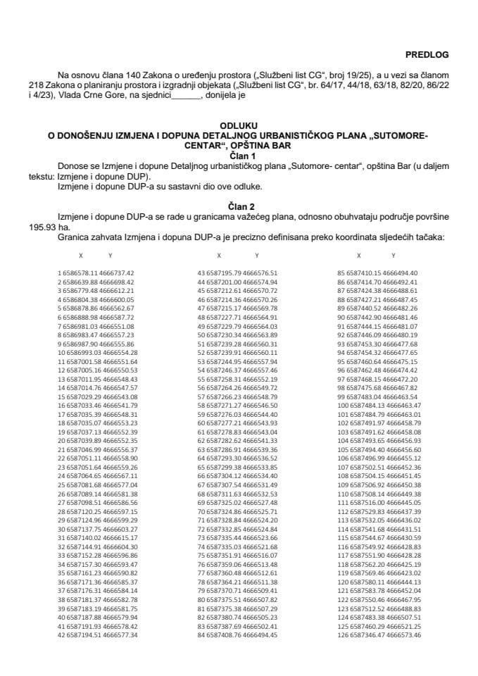 Предлог одлуке о доношењу Измјена и допуна Детаљног урбанистичког плана „Сутоморе – центар“, Општина Бар