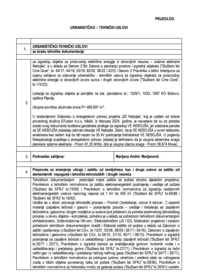 Предлог урбанистичко-техничких услова за израду техничке документације за изградњу објекта за производњу електричне енергије из обновљивих ресурса – соларне електране „СЕ Небојша“