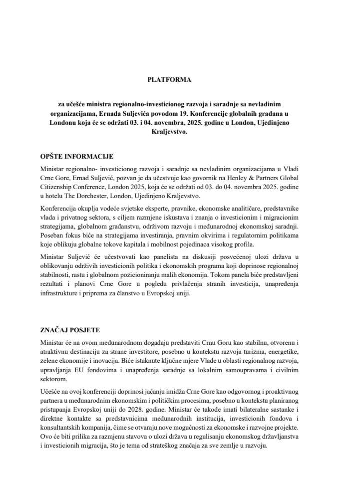 Предлог платформе за учешће министра регионално-инвестиционог развоја и сарадње са невладиним организацијама Ернада Суљевића, поводом 19. Конференције глобалних грађана у Лондону, која ће се одржати 3. и 4. новембра 2025. године, у Лондону