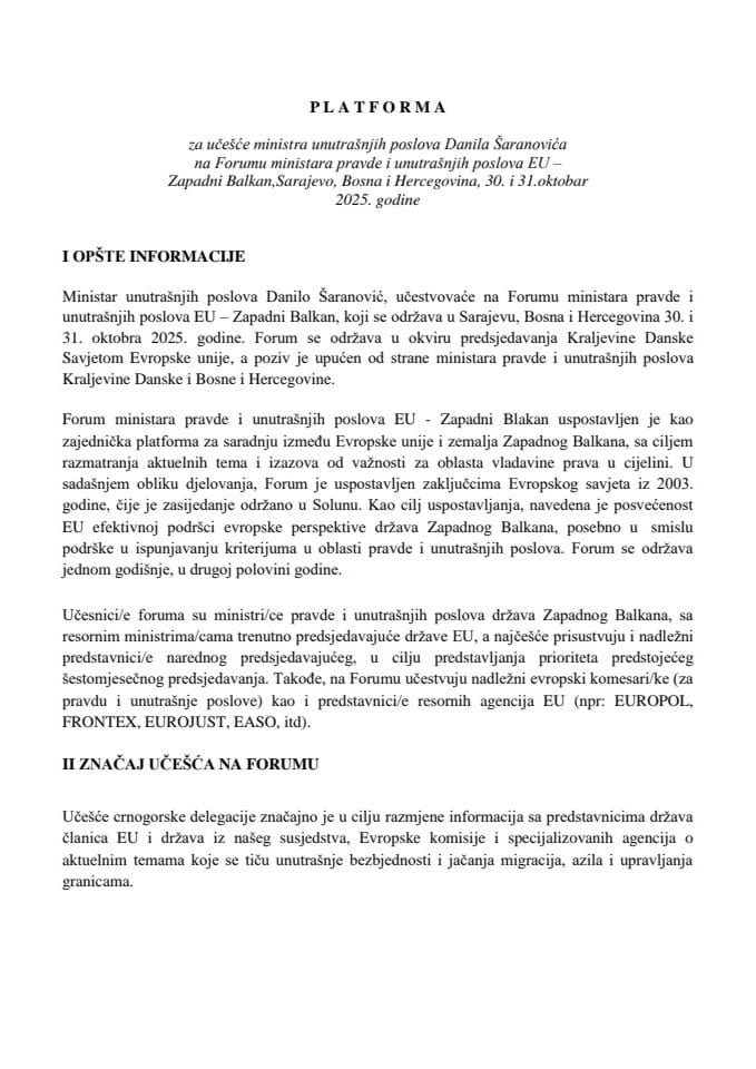 Предлог платформе за учешће министра унутрашњих послова, Данила Шарановића, на Форуму министара правде и унутрашњих послова ЕУ – Западни Балкан, Сарајево, Босна и Херцеговина, 30. и 31. октобар 2025. године