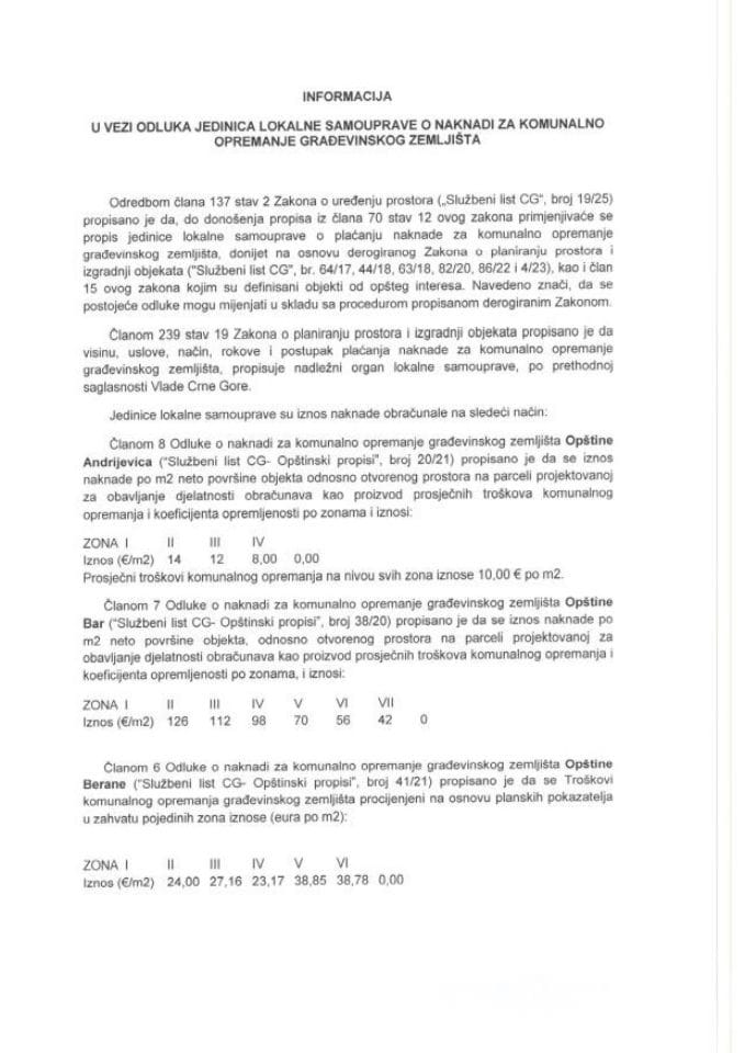 Информација у вези одлука јединица локалне самоуправе о накнади за комунално опремање грађевинског земљишта