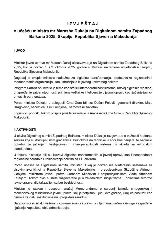 Извјештај о учешћу министра мр Marasha Dukaja на Дигиталном самиту Западног Балкана 2025, Скопље, Република Сјеверна Македонија