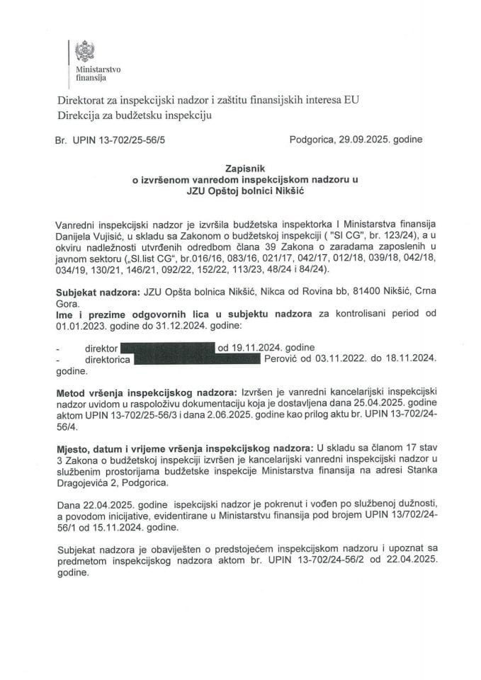 Zapisnik o izvršenom vanrednom inspekcijskom nadzoru u JZU Opštoj bolnici Nikšić