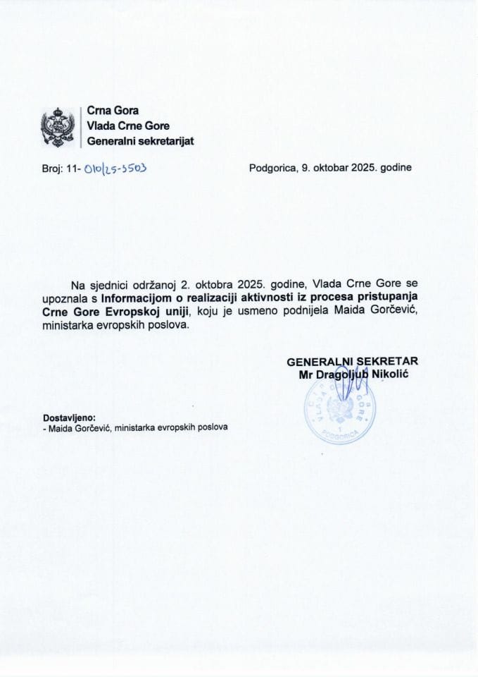 Усмена информација о реализацији активности из процеса приступања Црне Горе Европској унији - Закључци