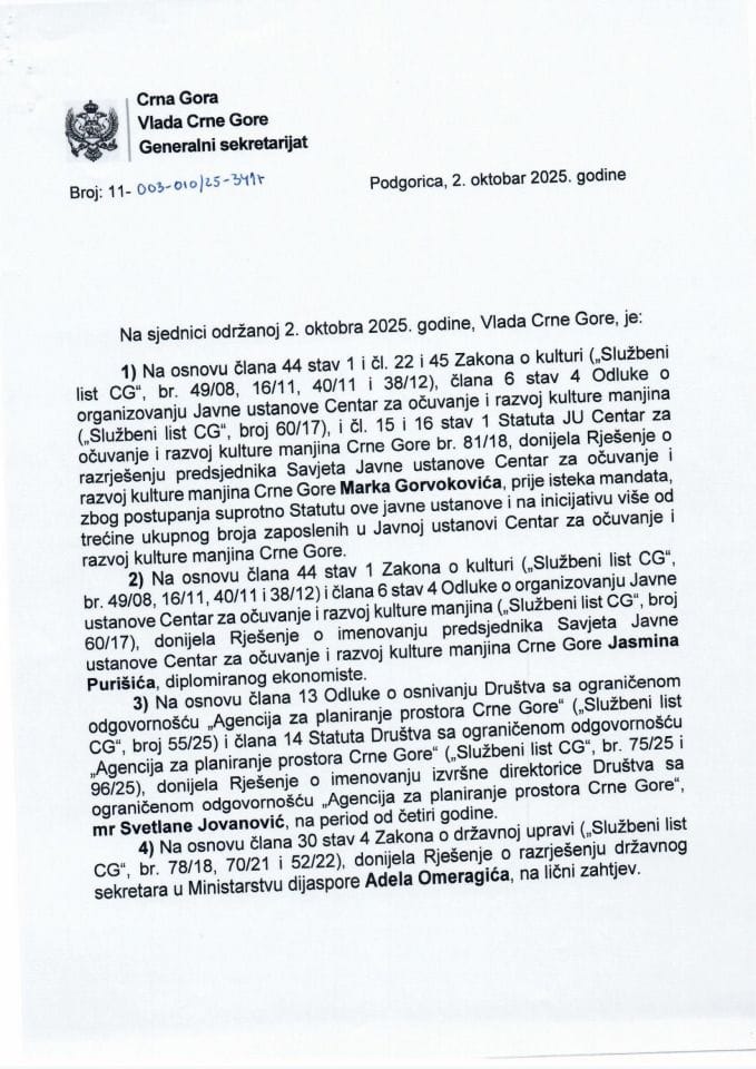 Кадровска питања - 97. сједница Владе Црне Горе