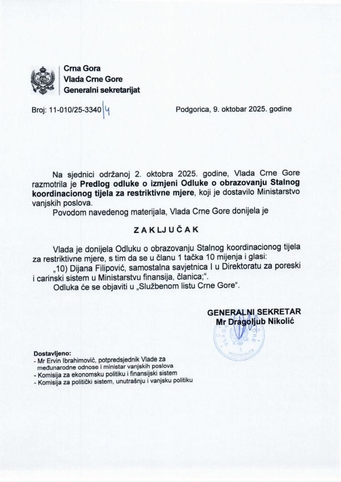 Предлог одлуке о измјени Одлуке о образовању Сталног координационог тијела за рестриктивне мјере - Закључци